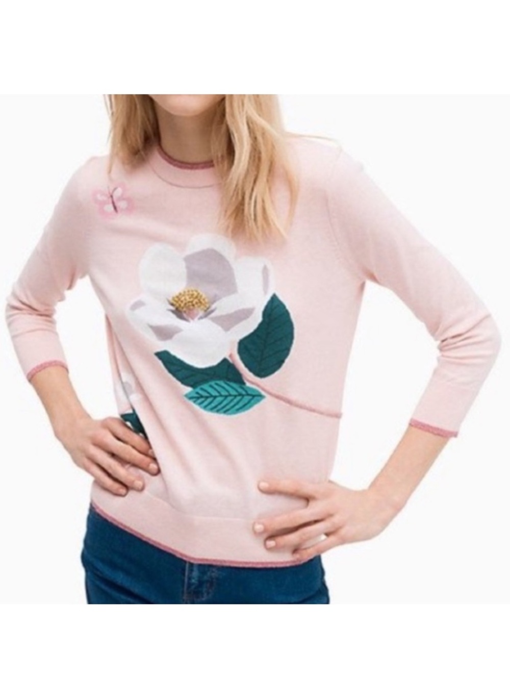 NWT Kate Spade Cameo Pink Broome Street  Flower Sweater Size L $295